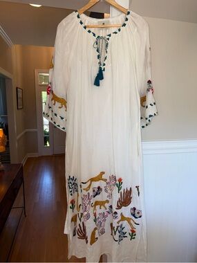 Benaras Ivory Embroidered Maxi Dress with Teal trim